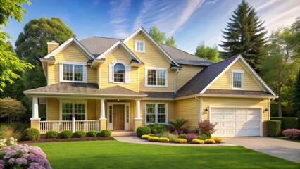 Sophisticated suburban home with lemon yellow exterior and elegant landscaping, radiating a peaceful summer vibe