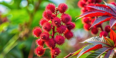 Castor-beans plant with vibrant red fruits , Ricinus communis, tropical, botany, agriculture, seeds, poisonous, ornamental