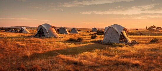 Camping Tents Under Golden Sunset