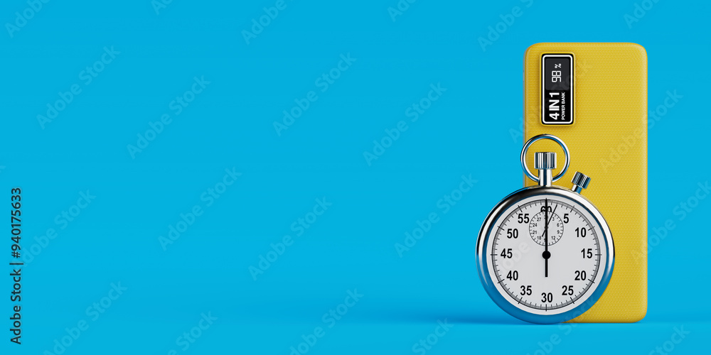 Poster yellow mobile devices charging power bank with stopwatch. 3d rendering
