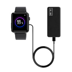 Black Modern Smart Watch Charging via Mobile Devices Charging Power Bank. 3d Rendering