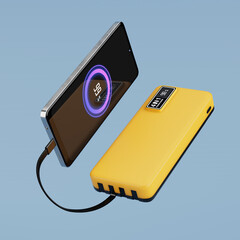 Mobile Phone Charging via Yellow Mobile Devices Charging Power Bank. 3d Rendering