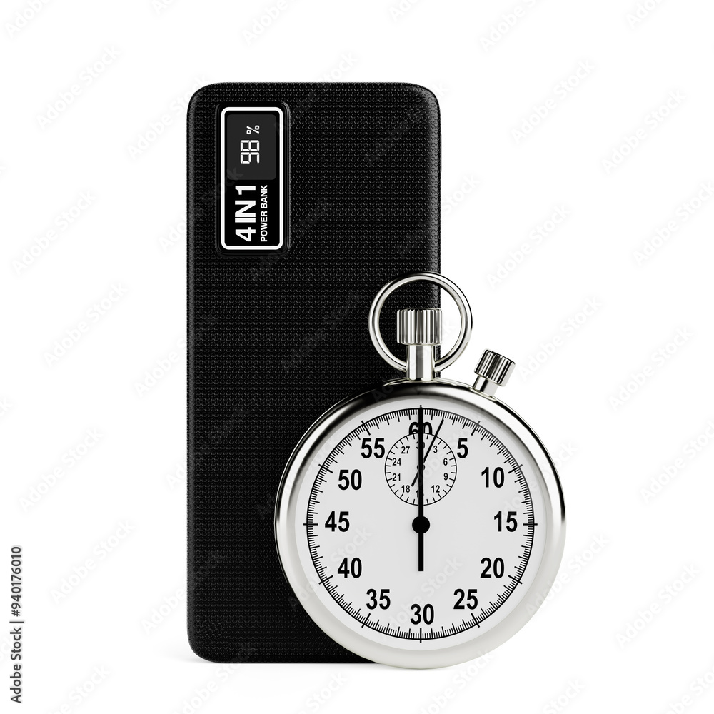 Poster mobile devices charging power bank with stopwatch. 3d rendering