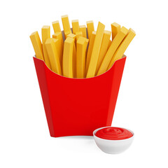 French Fries in Red Paper Bucket and Cartoon Tomato Sauce in White Ceramic Plate. 3d Rendering
