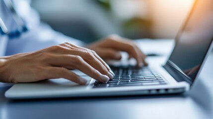Doctor Typing on a Laptop in a Medical Office, Highlighting the Integration of Modern Technology in Healthcare. Digital Solutions in Medical Practice and Patient Care