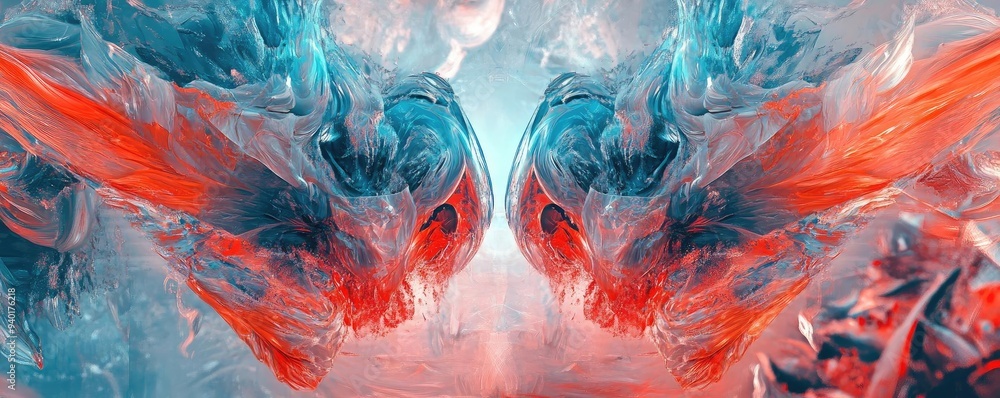 Poster vibrant abstract artwork featuring flowing colors of blue and red, creating a dynamic and captivatin