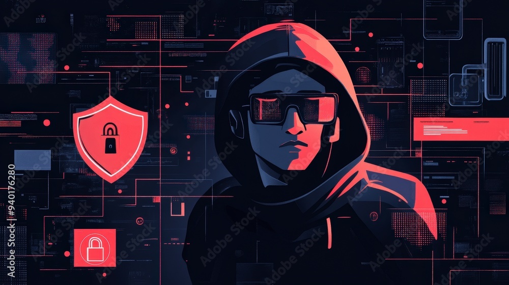 Poster digital guardian - flat design illustration of ethical hacker with shield and lock icons for cyberse