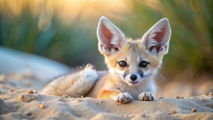 Obraz premium Adorable baby desert fox resting on sandy dunes , cute, young, animal, wildlife, arid, sand, desert, adorable, mammal, nature, fennec, fox