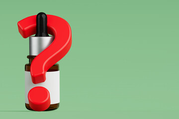 Blank Brown Medical Glass Dropper Bottle Mockup with Black Pipette and Red Question Mark. 3d...