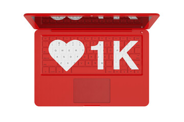 Modern Laptop Top View with Social Media Network Love and Like Heart. 3d Rendering