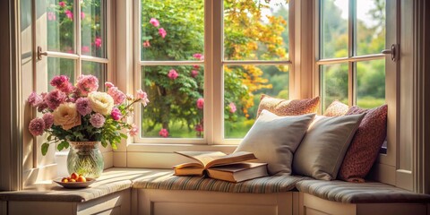 Fototapeta premium Cozy reading nook by a window with flowers, books, and pillows, cozy, nook, window, flowers, books, plush, pillows