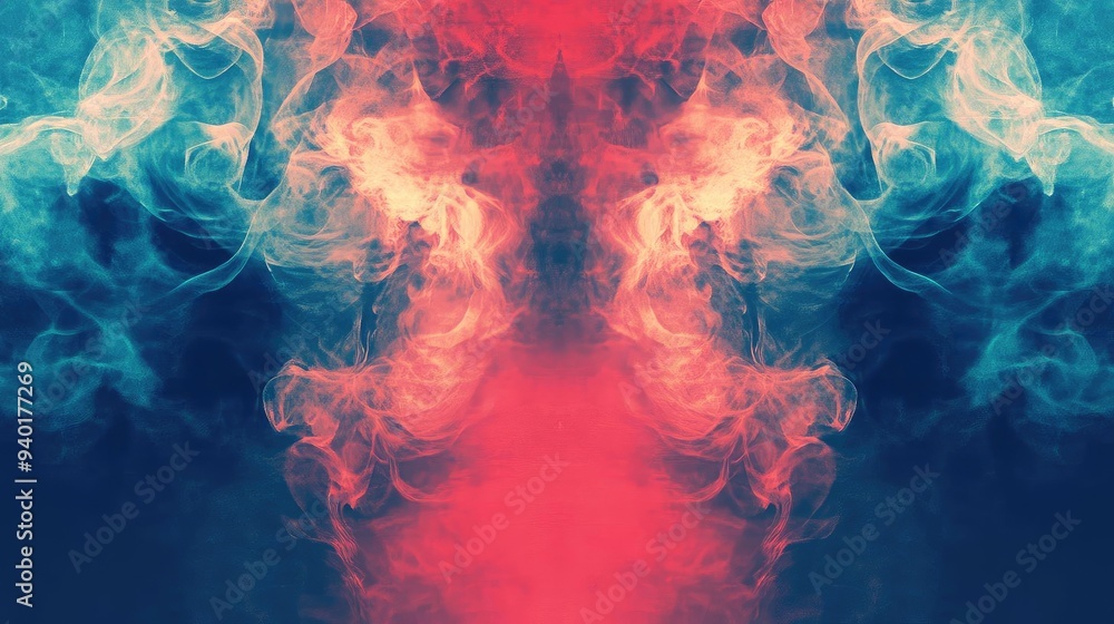 Poster vibrant smoke pattern with abstract swirls in blue and red hues, creating a dynamic visual experienc