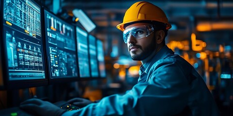 Industrial Worker Monitoring Data on Computer Screens - Photo