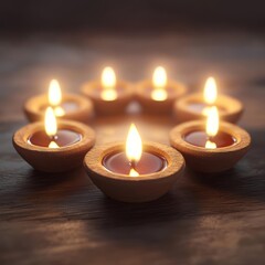 Diwali oil lamps, arranged in a circle, warm glow, 3D illustration
