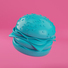 Blue Cartoon Premium Delicious Burger Icon in Monochrome Duotone Clay Style. 3d Rendering