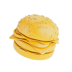 Yellow Cartoon Premium Delicious Burger Icon in Clay Duotone Monochrome Style. 3d Rendering