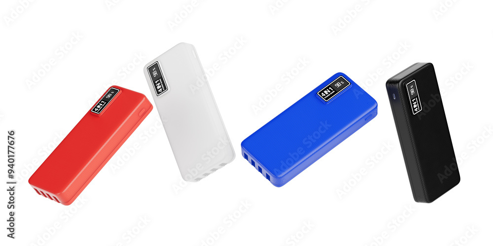 Poster colored mobile devices charging power banks. 3d rendering