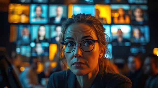 Businesswoman with Glasses in Control Center Environment. Businesswoman wearing glasses looks attentively at a high-tech control center environment with multiple data screens.
