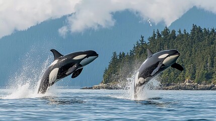 Obraz premium KILLER WHALE orcinus orca, PAIR LEAPING, CANADAwhich brings forward 