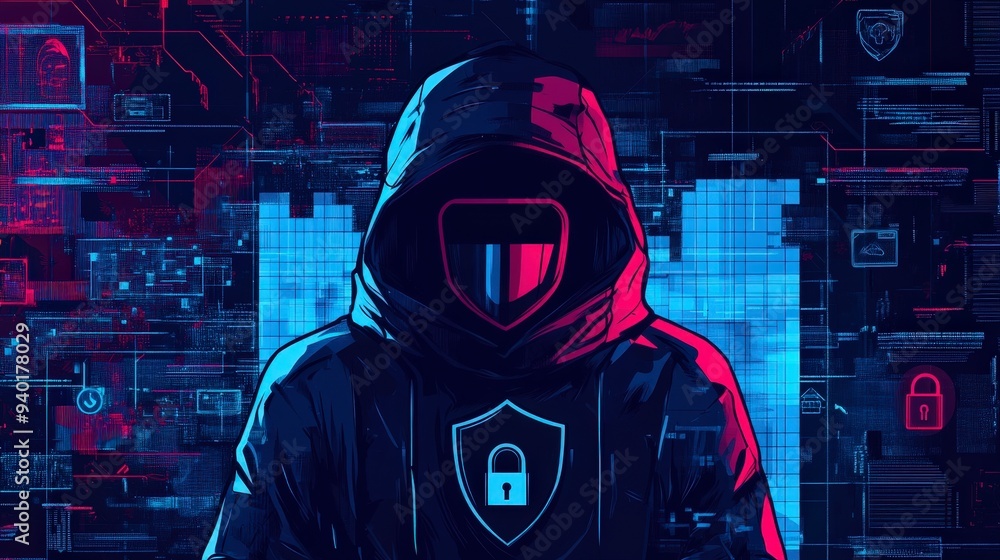 Aufkleber ethical hacker with shield and lock icons: cybersecurity illustration in flat design style