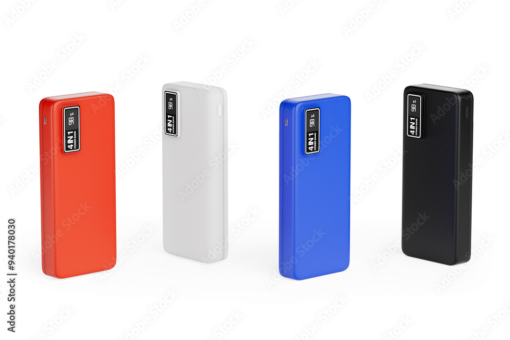 Poster colored mobile devices charging power banks. 3d rendering