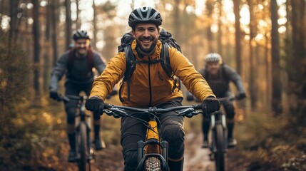 Fototapeta premium person riding a bike in autumn, with two friends