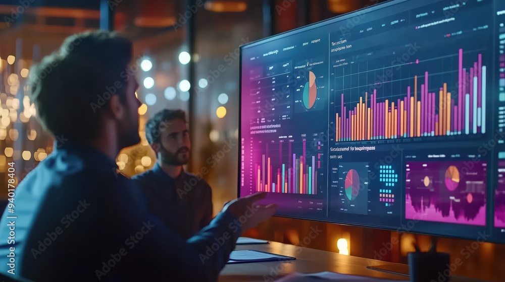 Poster businessmen analyzing financial data on large screen. two businessmen engage in a discussion while a