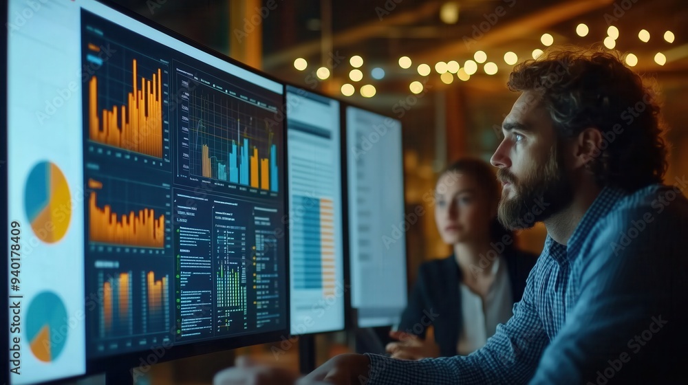 Poster focused professionals reviewing business analytics data. two professionals, a man and a woman, inten