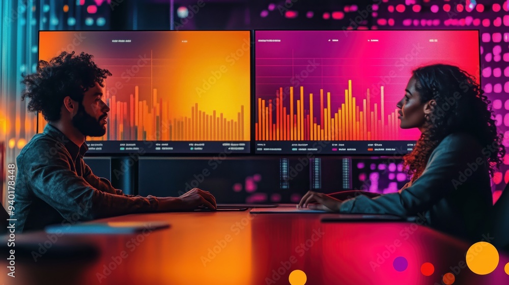 Poster diverse colleagues discussing data insights on screens. man and a woman sit opposite each other, dis