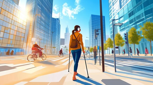 AI helping a visually impaired person navigate a city, AI accessibility, Empowering assistive technology.
