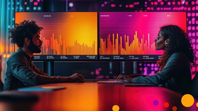 Diverse Colleagues Discussing Data Insights on Screens. Man and a woman sit opposite each other, discussing insights from data visualizations on large screens in a vibrant office environment.