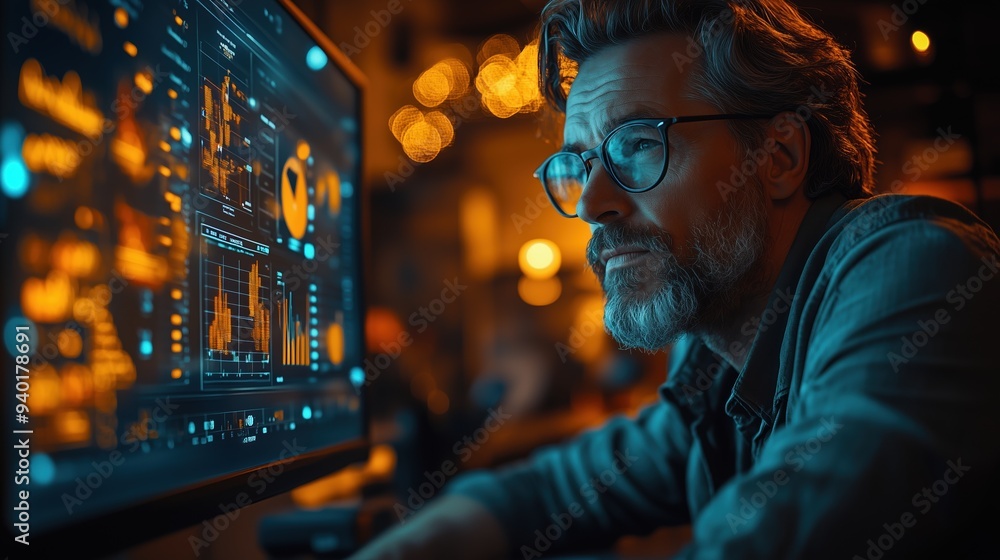 Poster senior analyst reviewing business data on screen. senior analyst with glasses closely examines busin
