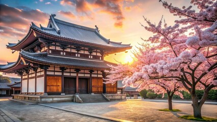 Fototapeta premium Japanese temple in the morning with a blooming cherry blossom tree , Japan, temple, morning, cherry blossom, tree, pink