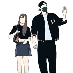 Illustration vector of Kpop airport fashion sketch. Airport idols of Korea. K-pop male fashion idols. A boy and a girl in comfortable casual wear