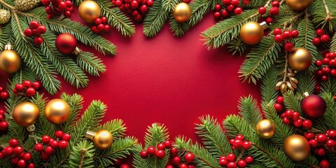 Festive Christmas frame with gold ornaments, pine branches, and red berries on a rich red background, Christmas
