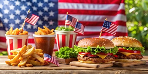Festively decorated American fast food items with Fourth of July themes , festive, American