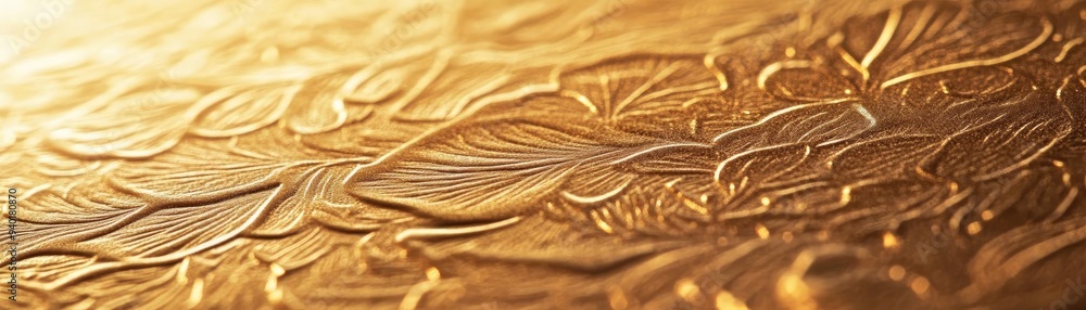 Poster close-up of an elegant golden textured surface featuring intricate leaf patterns illuminated by soft