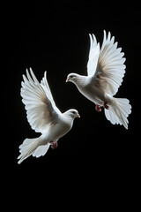 Two white doves flying on black background