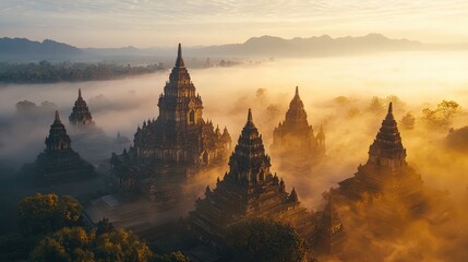 Ancient temples emerging from mist at sunrise in a tranquil landscape