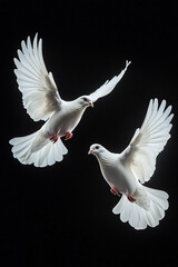 Two white doves flying on black background