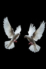 Two white doves flying on black background