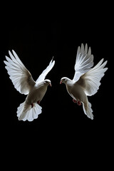 Two white doves flying on black background