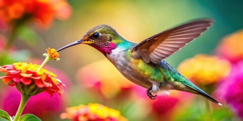 Colourful hummingbird sipping nectar from vibrant flowers, hummingbird, colorful, feeding, flowers, nectar, vibrant, wildlife
