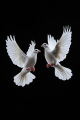 Two white doves flying on black background