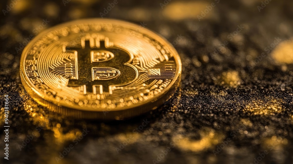 Aufkleber close-up of a shiny bitcoin resting on a golden surface, symbolizing cryptocurrency and digital inve