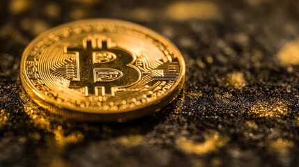 Close-up of a shiny Bitcoin resting on a golden surface, symbolizing cryptocurrency and digital investment.
