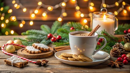 Fototapeta premium Cozy Christmas scene with a cup of hot chocolate and plate of cookies, Christmas, holiday, cozy, warmth, hot chocolate