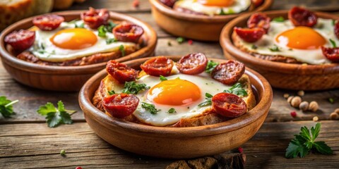 Traditional Tapas Broken Eggs with Chorizo in Madrid, Spain , spanish cuisine, appetizer, traditional, eggs, chorizo