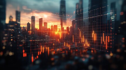 City Skyline with Financial Data Overlay at Sunset. City skyline at sunset overlaid with financial charts, representing the integration of urban growth, financial markets, and data analytics.