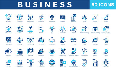 Business icon set with teamwork, collaboration, leadership, innovation, strategy, planning, vision, growth, success icon. Simple flat vector 
